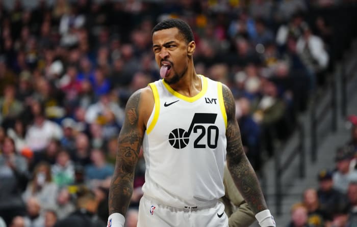 Utah Jazz forward John Collins (20) reacts in the fourth quarter against the Denver Nuggets at Ball Arena.